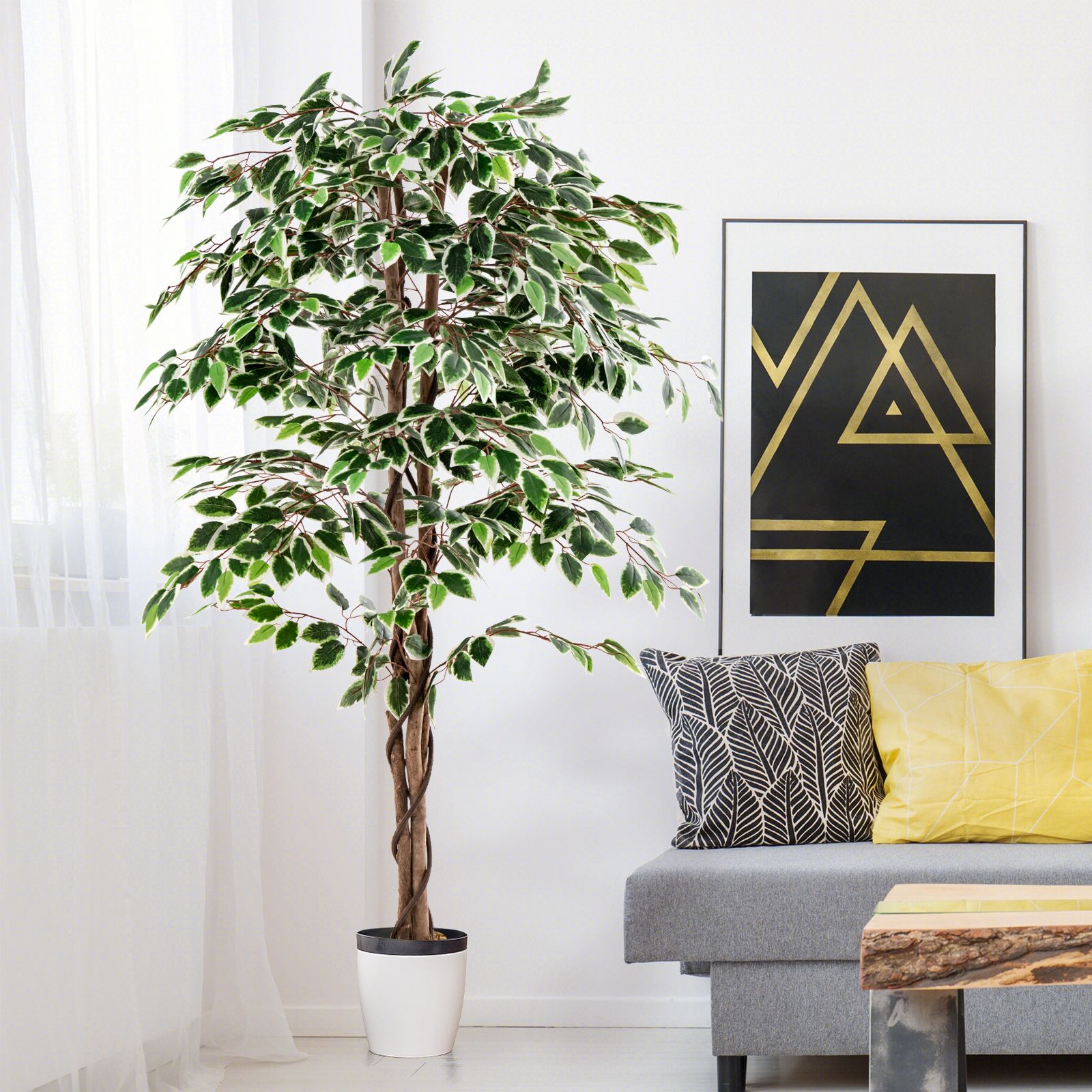 Artificial Ficus Tree Tall Faux Indoor Plant with Natural Wood Trunk